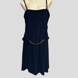 Joseph Ribkoff Navy Gold Chain Detail Stretch Slinky Midi Slip Dress